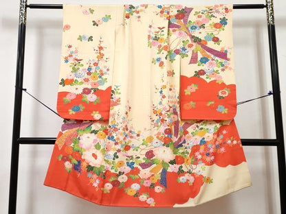 平和屋着物[]七五三　女の子　７歳　祝着　四つ身　長襦袢(単衣・半衿刺繍)セット　束ね熨斗花文　金彩　逸品　DABG3392ma