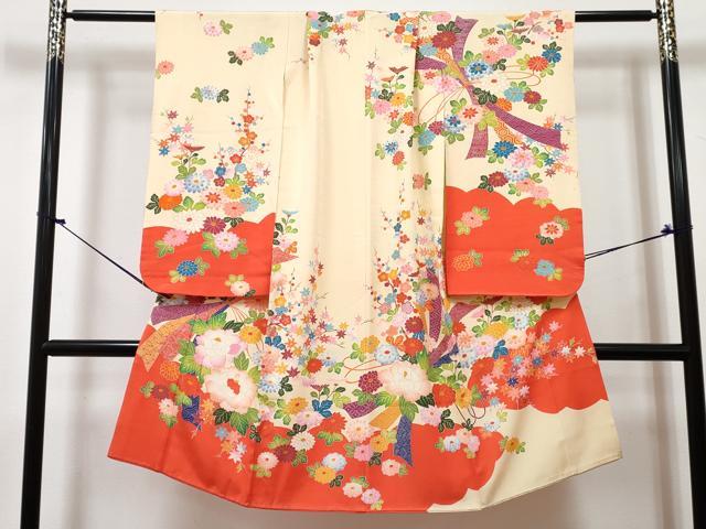 平和屋着物[]七五三　女の子　７歳　祝着　四つ身　長襦袢(単衣・半衿刺繍)セット　束ね熨斗花文　金彩　逸品　DABG3392ma