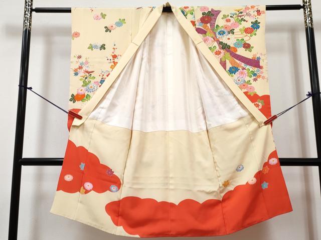 平和屋着物[]七五三　女の子　７歳　祝着　四つ身　長襦袢(単衣・半衿刺繍)セット　束ね熨斗花文　金彩　逸品　DABG3392ma
