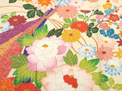 平和屋着物[]七五三　女の子　７歳　祝着　四つ身　長襦袢(単衣・半衿刺繍)セット　束ね熨斗花文　金彩　逸品　DABG3392ma