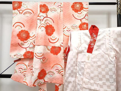 平和屋着物[]七五三　女の子　３歳　祝着　三つ身　長襦袢(袷・半衿刺繍)セット　梅　青海波　暈し染め　金彩　逸品　DABG3393ma