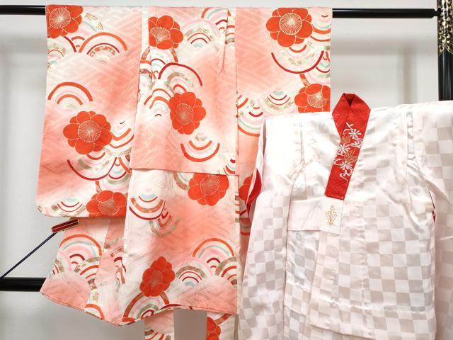 平和屋着物[]七五三　女の子　３歳　祝着　三つ身　長襦袢(袷・半衿刺繍)セット　梅　青海波　暈し染め　金彩　逸品　DABG3393ma