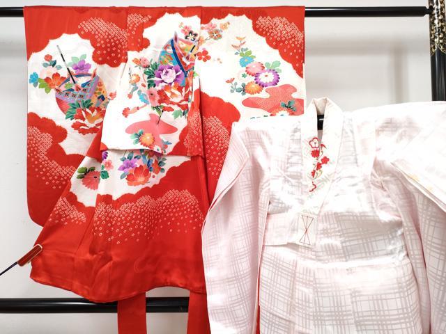平和屋着物[]七五三　女の子　３歳　祝着　三つ身　長襦袢(袷・半衿刺繍)セット　絞り　糸車花文　金彩　逸品　DABG3394ma
