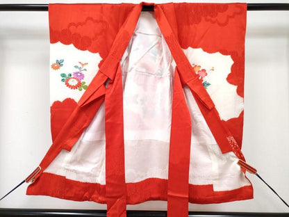 平和屋着物[]七五三　女の子　３歳　祝着　三つ身　長襦袢(袷・半衿刺繍)セット　絞り　糸車花文　金彩　逸品　DABG3394ma