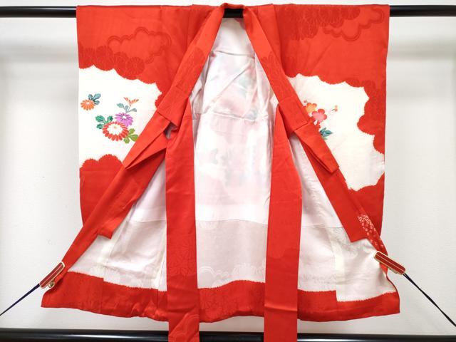 平和屋着物[]七五三　女の子　３歳　祝着　三つ身　長襦袢(袷・半衿刺繍)セット　絞り　糸車花文　金彩　逸品　DABG3394ma