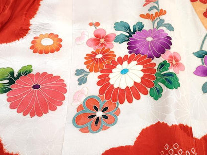 平和屋着物[]七五三　女の子　３歳　祝着　三つ身　長襦袢(袷・半衿刺繍)セット　絞り　糸車花文　金彩　逸品　DABG3394ma