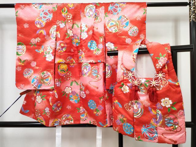 平和屋着物[]七五三　女の子　３歳　祝着　三つ身　被布セット　鼓鳳凰鞠花蝶丸　暈し染め　金彩　DABG3395ma