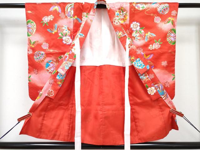 平和屋着物[]七五三　女の子　３歳　祝着　三つ身　被布セット　鼓鳳凰鞠花蝶丸　暈し染め　金彩　DABG3395ma