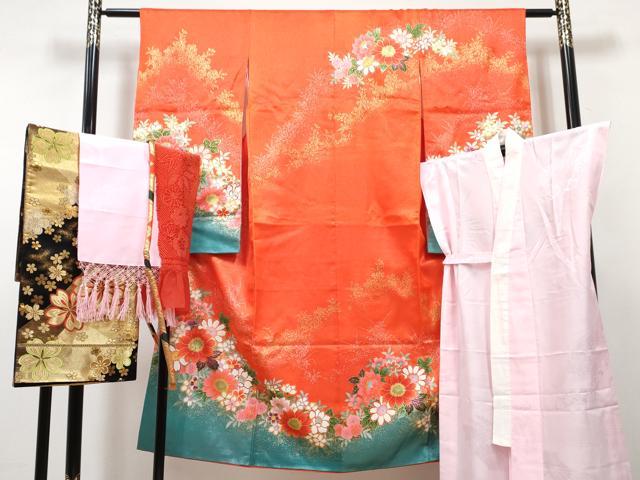 平和屋着物[]七五三　女の子　７歳　祝着　四つ身　襦袢・袋帯・帯締め・帯揚げ・しごきセット　草花文　暈し染め　金銀彩　DABG3396ma