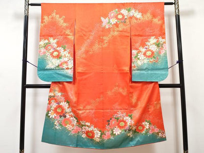 平和屋着物[]七五三　女の子　７歳　祝着　四つ身　襦袢・袋帯・帯締め・帯揚げ・しごきセット　草花文　暈し染め　金銀彩　DABG3396ma