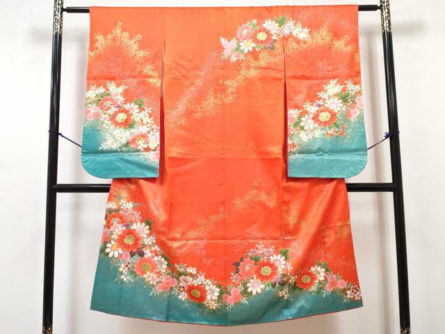 平和屋着物[]七五三　女の子　７歳　祝着　四つ身　襦袢・袋帯・帯締め・帯揚げ・しごきセット　草花文　暈し染め　金銀彩　DABG3396ma