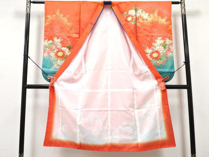 平和屋着物[]七五三　女の子　７歳　祝着　四つ身　襦袢・袋帯・帯締め・帯揚げ・しごきセット　草花文　暈し染め　金銀彩　DABG3396ma