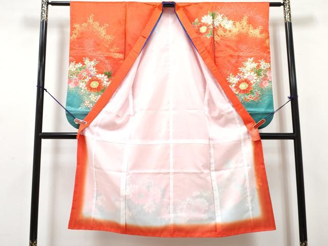 平和屋着物[]七五三　女の子　７歳　祝着　四つ身　襦袢・袋帯・帯締め・帯揚げ・しごきセット　草花文　暈し染め　金銀彩　DABG3396ma