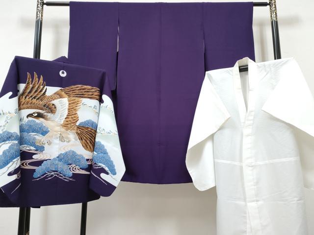 平和屋着物[]七五三　男の子　祝着・羽織・長襦袢(無双仕立て)セット　葡萄色　鷹　鷲　松　暈し染め　金彩　DABG3397ma