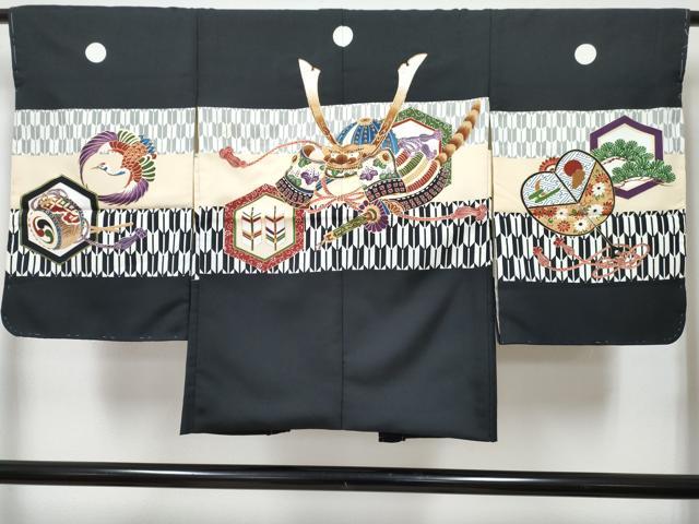 平和屋着物[]七五三　男の子　祝着・羽織・襦袢セット　駒刺繍　唐獅子　兜　飛鶴亀甲松文　金彩　DABG3398ma