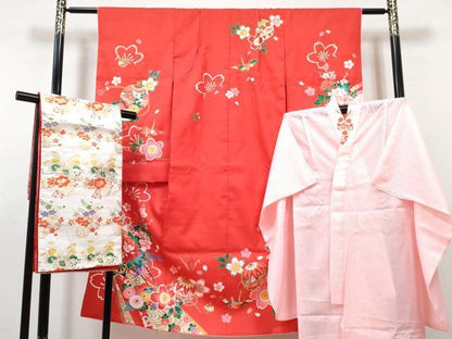 平和屋着物[]七五三　女の子　７歳　祝着　四つ身　襦袢(単衣・半衿刺繍)・袋帯セット　鞠花車文　金彩　DABG3399ma