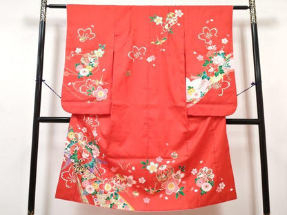 平和屋着物[]七五三　女の子　７歳　祝着　四つ身　襦袢(単衣・半衿刺繍)・袋帯セット　鞠花車文　金彩　DABG3399ma