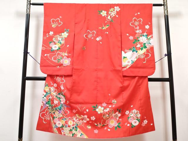 平和屋着物[]七五三　女の子　７歳　祝着　四つ身　襦袢(単衣・半衿刺繍)・袋帯セット　鞠花車文　金彩　DABG3399ma