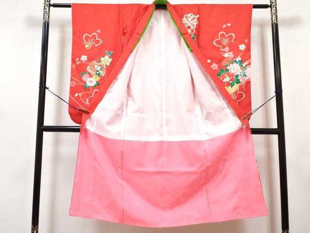 平和屋着物[]七五三　女の子　７歳　祝着　四つ身　襦袢(単衣・半衿刺繍)・袋帯セット　鞠花車文　金彩　DABG3399ma