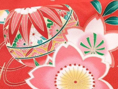 平和屋着物[]七五三　女の子　７歳　祝着　四つ身　襦袢(単衣・半衿刺繍)・袋帯セット　鞠花車文　金彩　DABG3399ma