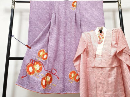 平和屋着物[]七五三　女の子　７歳　祝着　四つ身　襦袢(無双仕立て・半衿刺繍)セット　駒刺繍　総絞り　鼓文　逸品　DABG3402ma