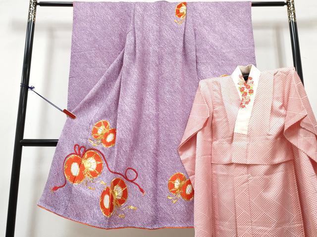 平和屋着物[]七五三　女の子　７歳　祝着　四つ身　襦袢(無双仕立て・半衿刺繍)セット　駒刺繍　総絞り　鼓文　逸品　DABG3402ma