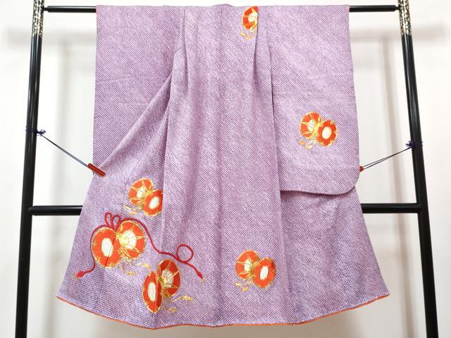 平和屋着物[]七五三　女の子　７歳　祝着　四つ身　襦袢(無双仕立て・半衿刺繍)セット　駒刺繍　総絞り　鼓文　逸品　DABG3402ma