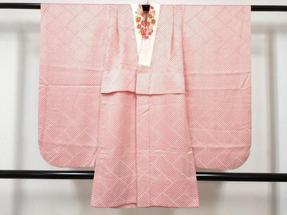 平和屋着物[]七五三　女の子　７歳　祝着　四つ身　襦袢(無双仕立て・半衿刺繍)セット　駒刺繍　総絞り　鼓文　逸品　DABG3402ma