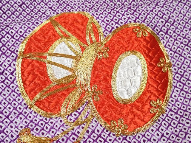 平和屋着物[]七五三　女の子　７歳　祝着　四つ身　襦袢(無双仕立て・半衿刺繍)セット　駒刺繍　総絞り　鼓文　逸品　DABG3402ma