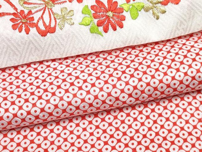 平和屋着物[]七五三　女の子　７歳　祝着　四つ身　襦袢(無双仕立て・半衿刺繍)セット　駒刺繍　総絞り　鼓文　逸品　DABG3402ma