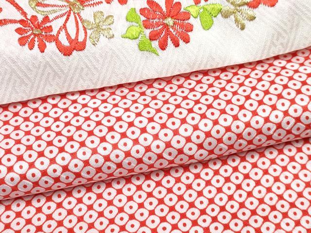 平和屋着物[]七五三　女の子　７歳　祝着　四つ身　襦袢(無双仕立て・半衿刺繍)セット　駒刺繍　総絞り　鼓文　逸品　DABG3402ma