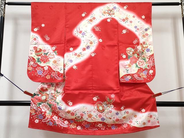平和屋着物[]七五三　女の子　３歳　祝着　三つ身　長襦袢(単衣)セット　鼓鞠花蝶文　暈し染め　金彩　DABG3404ma