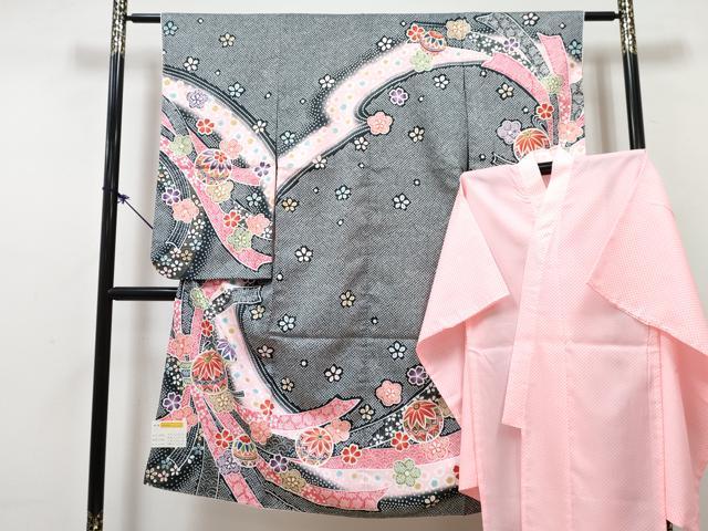平和屋着物[]七五三　女の子　７歳　祝着　四つ身　襦袢(単衣)セット　束ね熨斗鞠花文　暈し染め　金彩　未使用　DABG3411ma