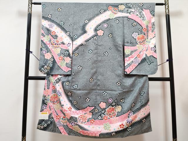 平和屋着物[]七五三　女の子　７歳　祝着　四つ身　襦袢(単衣)セット　束ね熨斗鞠花文　暈し染め　金彩　未使用　DABG3411ma