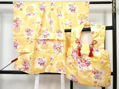 平和屋着物[]七五三　女の子　３歳　祝着　三つ身　被布セット　鈴花文　暈し染め　金彩　DABG3417ma