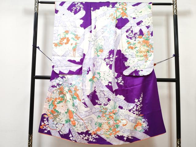平和屋着物[]七五三　女の子　７歳　祝着　四つ身　長襦袢(無双仕立て・半衿刺繍)セット　駒刺繍　花籠文　金彩　逸品　DABG3422ma