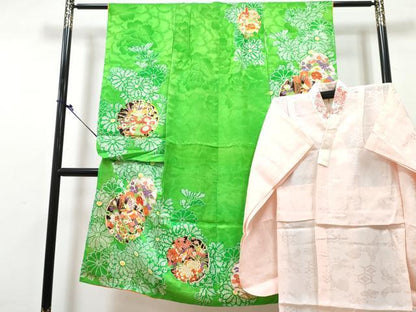 平和屋着物[]七五三　女の子　７歳　祝着　四つ身　襦袢(無双仕立て・半衿刺繍)セット　駒刺繍　雪輪花鳥文　金彩　洗える着物　DABG3424ma