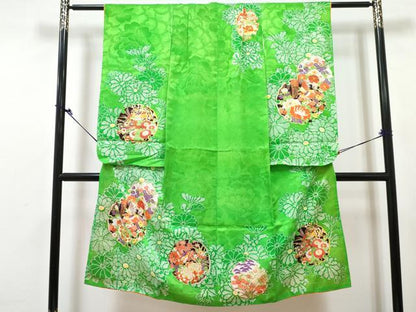 平和屋着物[]七五三　女の子　７歳　祝着　四つ身　襦袢(無双仕立て・半衿刺繍)セット　駒刺繍　雪輪花鳥文　金彩　洗える着物　DABG3424ma
