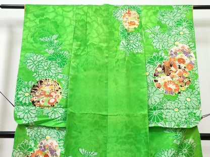平和屋着物[]七五三　女の子　７歳　祝着　四つ身　襦袢(無双仕立て・半衿刺繍)セット　駒刺繍　雪輪花鳥文　金彩　洗える着物　DABG3424ma