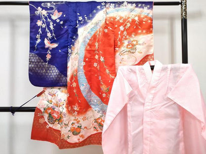 平和屋着物[]七五三　女の子　３歳　祝着　三つ身　長襦袢(単衣)セット　舞蝶花車文　暈し染め　金銀彩　DABG3433ma