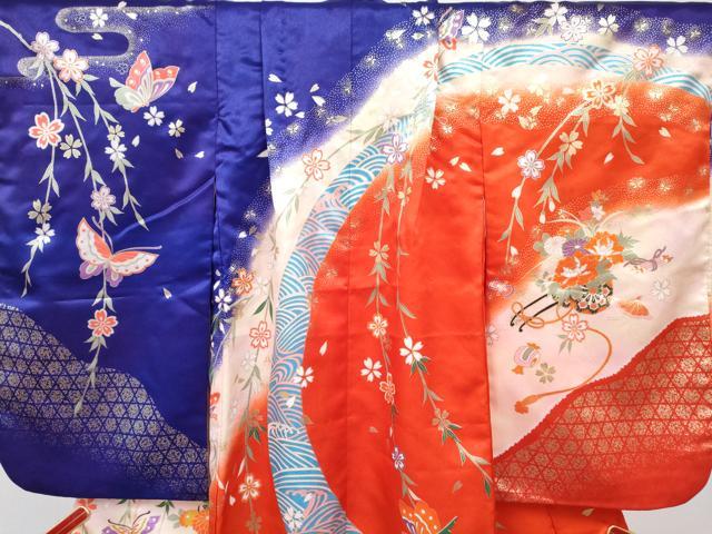 平和屋着物[]七五三　女の子　３歳　祝着　三つ身　長襦袢(単衣)セット　舞蝶花車文　暈し染め　金銀彩　DABG3433ma