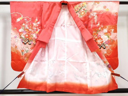 平和屋着物[]七五三　女の子　３歳　祝着　三つ身　長襦袢(単衣・半衿刺繍)セット　鞠花車文　暈し染め　金彩　DABG3434ma