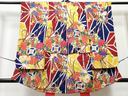 平和屋着物[]アンティーク　大正ロマン　七五三　女の子　３歳　祝着　竹屋町刺繍　扇面花文　逸品　DABG3449ma