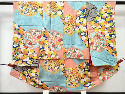 平和屋着物[]アンティーク　大正ロマン　七五三　女の子　３歳　祝着　草花文　逸品　DABG3452ma