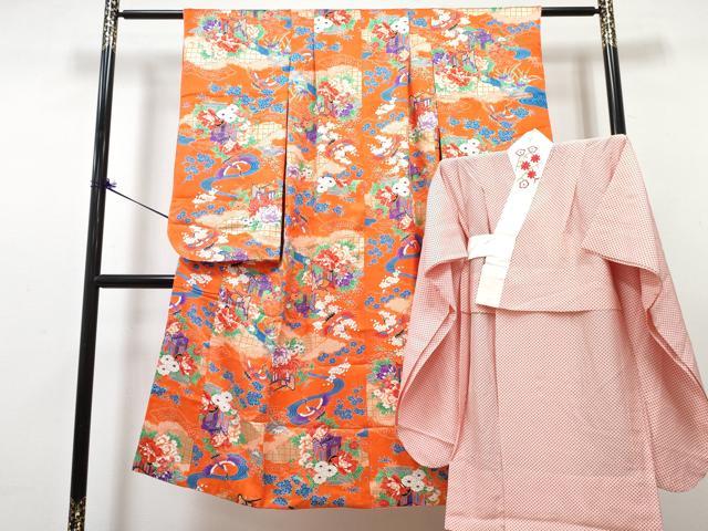 平和屋着物[]七五三　女の子　７歳　祝着　四つ身　長襦袢(無双仕立て・半衿刺繍)セット　御所車飛鶴花文　金彩　逸品　DABG3455ma