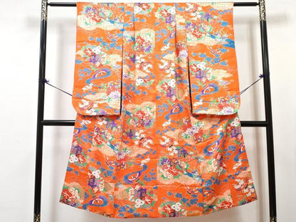 平和屋着物[]七五三　女の子　７歳　祝着　四つ身　長襦袢(無双仕立て・半衿刺繍)セット　御所車飛鶴花文　金彩　逸品　DABG3455ma