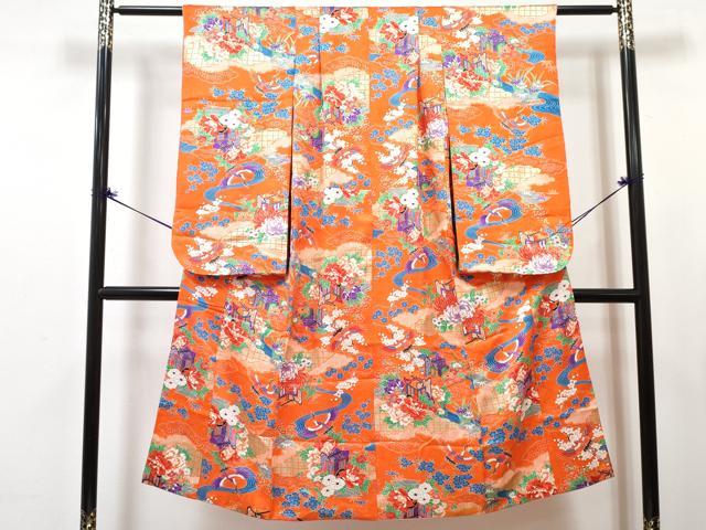 平和屋着物[]七五三　女の子　７歳　祝着　四つ身　長襦袢(無双仕立て・半衿刺繍)セット　御所車飛鶴花文　金彩　逸品　DABG3455ma
