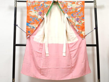 平和屋着物[]七五三　女の子　７歳　祝着　四つ身　長襦袢(無双仕立て・半衿刺繍)セット　御所車飛鶴花文　金彩　逸品　DABG3455ma