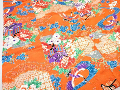 平和屋着物[]七五三　女の子　７歳　祝着　四つ身　長襦袢(無双仕立て・半衿刺繍)セット　御所車飛鶴花文　金彩　逸品　DABG3455ma
