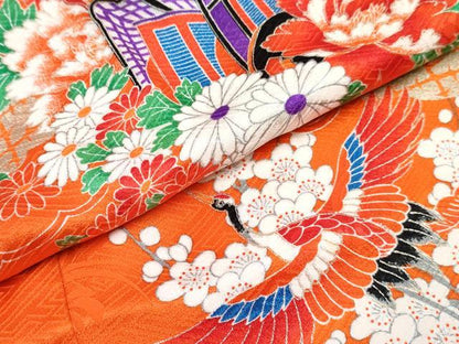 平和屋着物[]七五三　女の子　７歳　祝着　四つ身　長襦袢(無双仕立て・半衿刺繍)セット　御所車飛鶴花文　金彩　逸品　DABG3455ma
